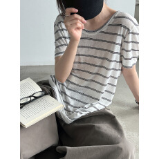 批发简约条纹后背抽绳<b class='q'>T</b> <b class='q'>恤</b>女26夏季薄款百搭休闲<b class='q'>短袖</b>上衣