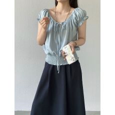 法式显瘦甜美衬衫女夏季收腰系带短袖小衫复古上衣