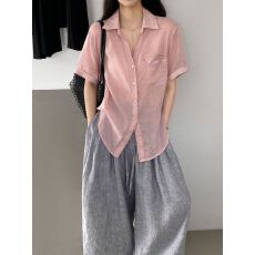 批发法式苎麻折角口袋短袖衬衫女夏宽松休闲气质通勤上衣