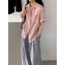 批发法式苎麻折角口袋短袖衬衫女夏宽松休闲气质通勤上衣