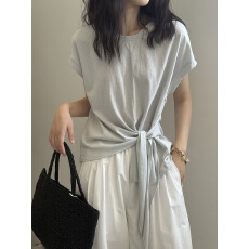 批发韩系绑带收腰短袖<b class='q'>T</b>恤女 夏季气质简约显瘦圆领上衣