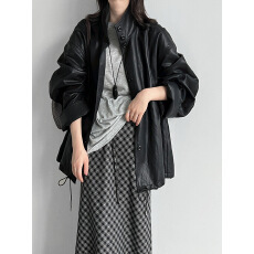批发立领PU皮质抽绳收腰中长风衣女<b class='q'>秋</b>松弛感小众落肩外套
