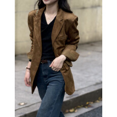 批发韩系麂皮绒<b class='q'>西装</b>外套女 秋复古慵懒风廓形西服外套