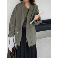 批发复古多口袋抽绳风衣外套女秋季工装风砂洗中长款上衣