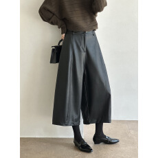 批发高腰阔腿<b class='q'>七分</b>PU皮裤女 秋季韩系垂感大摆休闲裤