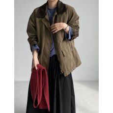 批发秋<b class='q'>冬</b>复古翻领工装夹棉外套条纹撞色拼接大口袋棉衣