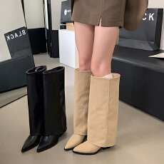 批发2025欧美风尖头帆布裤管靴时尚气质粗跟纯色高筒靴<b class='q'>简约</b>百搭宽筒靴