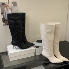 批发欧美风时尚尖头高筒靴<b class='q'>简约</b>百搭宽筒靴子女优雅气质高跟不过膝长靴