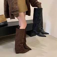 批发复古小众设计长靴尖头内增高直筒靴子女2025秋冬显瘦套筒高筒靴