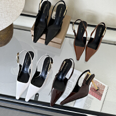 批发春夏新款女鞋欧美风尖头漆皮包头凉鞋金属扣装饰浅口高跟鞋