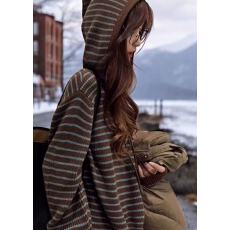 批发慵懒风条纹加厚连帽毛衣外套女秋冬针织衫卫衣