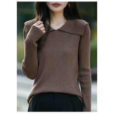 批发法式气质大翻领精纺细毛针织衫女2025新款宽松保暖显瘦打底衫毛衣