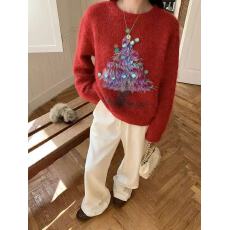 批发新年氛围感圆领手工亮片圣诞提花宽松长袖针织