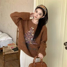 批发新年氛围感圆领手工亮片圣诞提花宽松长袖针织