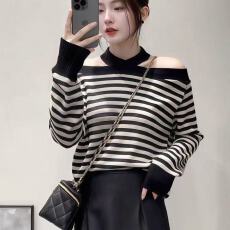 批发韩系纯欲交叉一字露肩长袖羊毛针织衫女<b class='q'>秋</b>冬新款百搭上衣潮