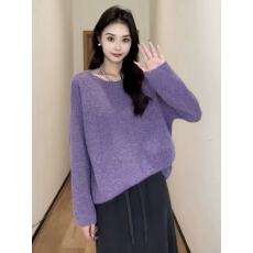 批发<b class='q'>大码</b>紫色显白细闪毛衣针织衫女秋季胖mm宽松显瘦内搭打底外穿上衣