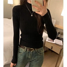 批发春秋打底半<b class='q'>高领</b>针织衫女2025冬新款坑条设计修身内搭<b class='q'>毛衣</b>长袖上衣