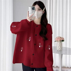 批发韩版宽松刺绣加厚毛衣外套女秋冬大码胖mm显瘦慵懒风漂亮针织开衫