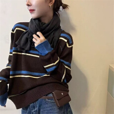 批发大码女装撞色条纹圆领针织衫毛衣女秋冬季新款胖妹妹内搭打底上衣