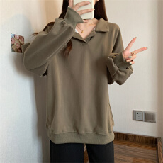 批发慵懒风POLO领<b class='q'>卫衣</b>女2025春款胖MM宽松显瘦上衣<b class='q'>中长款</b>外套