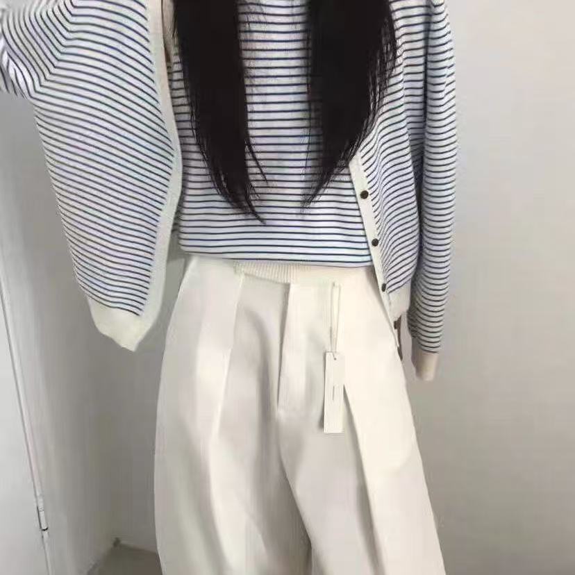 스트라이프 라운드 넥 니트 조끼 배색 V넥 긴팔 오픈 가디건 투피스 세트 레트로 다용도 연령 감소 캐주얼 세트 봄