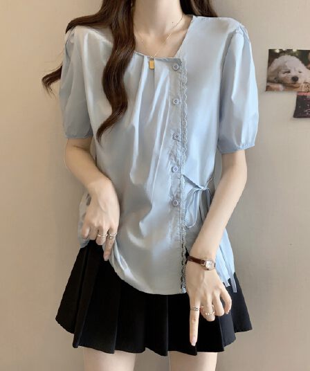 품격 레이스 레이스 패치워크 반팔 여성 셔츠 여름 디자인 센스 작은 대중 Chic 스트랩 허리 수축 맨위
