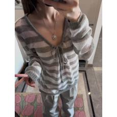 批发灰色条纹斜肩防晒<b class='q'>针织</b>衫女春夏新款宽松镂空系带<b class='q'>罩衫</b>上衣潮