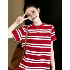 批发撞色条纹短袖T恤女夏季新款<b class='q'>韩版</b>宽松显瘦打底衫内搭半袖上衣