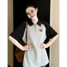 批发拉链Polo衫正肩短袖T恤女夏撞色字母刺绣大码女<b class='q'>装</b>遮肚子显瘦上衣