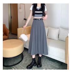 批发灰色西装百褶半身裙女小个子穿搭巨好看高腰a字垂坠感中长款裙子