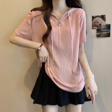 批发大码韩版拉链遮肚子短袖冰丝针织衫夏季胖妹妹显瘦正肩连帽<b class='q'>打底衫</b>