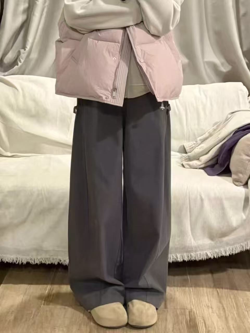 어두운 회색 워크웨어 캐주얼 바지 여성 봄 새로운 빅 사이즈 지방 mm 하이웨이스트 루즈핏 슬림해 보이는 배 종류 몸 와이드 레그 팬츠