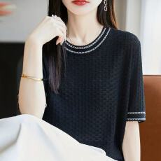 批发时尚镂空短袖t恤女夏季2026新款<b class='q'>打底衫</b>洋气大码女装冰丝针织上衣