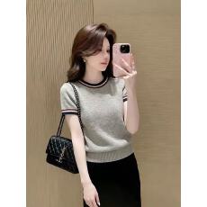 批发撞色圆领短袖<b class='q'>针织衫</b>女灰色设计感通勤上衣亲肤舒适内搭修身<b class='q'>打底衫</b>