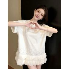 批发小众重工水钻网纱拼接白色连衣裙女夏别致半袖宽松显瘦气质T恤裙