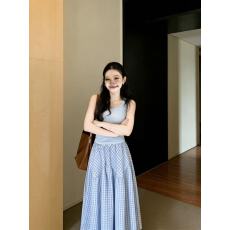 批发复古蓝色格子半身<b class='q'>裙</b>女2026春夏高腰百褶a字<b class='q'>裙</b>长<b class='q'>裙</b><b class='q'>伞</b><b class='q'>裙</b>