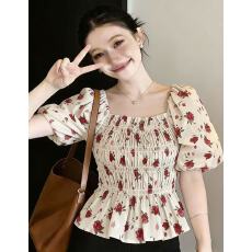 批发泡泡短袖碎花雪纺衬衫女夏季大码胖mm显瘦遮肚子裙摆上衣方领小衫