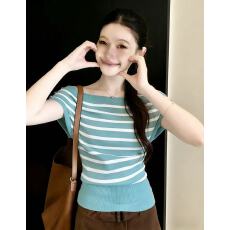 批发港味风格一字肩针织打底衫女撞色条纹短袖T恤夏季新款温柔小衫潮