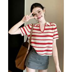 批发红色条纹v领针织短袖t恤女2026新款夏季小个子polo领正肩百搭上衣
