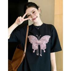 批发夏装胖MM特大码300斤黑色国风蝴蝶刺绣短袖t恤女夏宽松显瘦上衣服