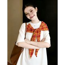 批发美式复古格纹蝴蝶结短袖t恤女夏季设计感小众宽松慵懒风半袖上衣