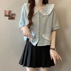 批发大码女装法式遮肚子娃娃领小众衬衫女夏季胖妹妹宽松显瘦短袖上衣