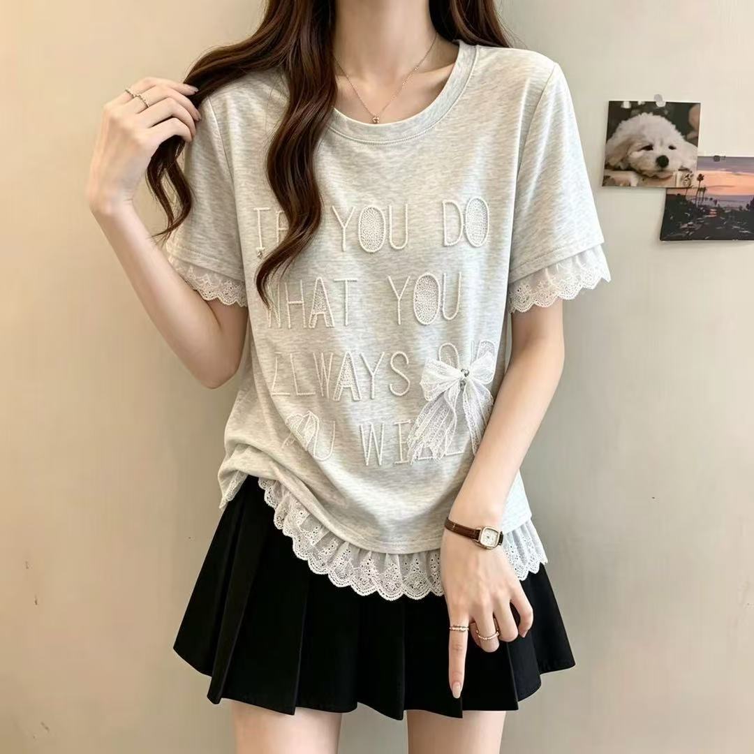 RY3715# 超好看蕾丝花边拼接T恤圆领正肩短袖女2026夏季新款显瘦短款上衣
