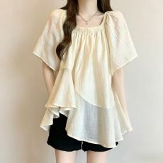 批发法式不规则超仙短袖<b class='q'>雪纺衫</b>夏微胖<b class='q'>大码</b>设计感遮肚子娃娃衫流行上衣