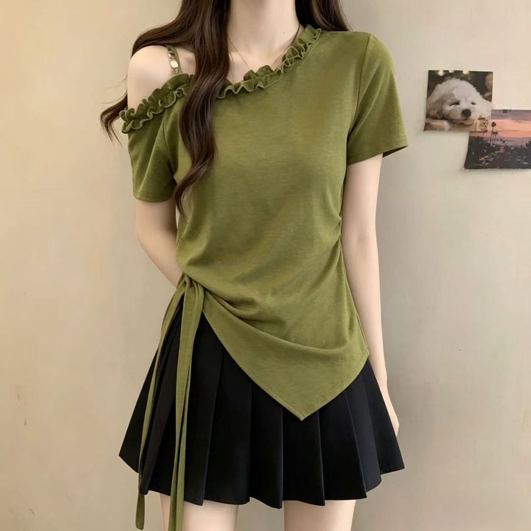 RY3957# 不规则木耳边斜领露肩绑带收腰短袖T恤女2026夏季新款设计感上衣