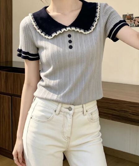 배색 레이스 베이비 칼라 반팔 니트 스웨터 여성 여름 새로운 부드러운 바람 달콤함 다용도 몸매 가꾸기 쇼트 스타일 맨위
