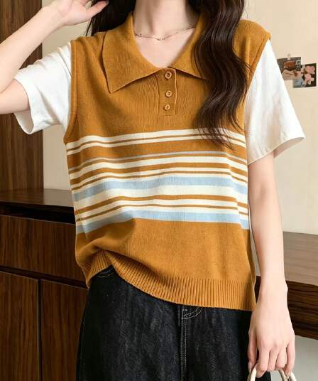 아메리칸 배색 스트라이프 POLO 칼라 반팔 니트 티셔츠 여성 여름 패치워크 페이크 레이어드 루즈핏 맨위