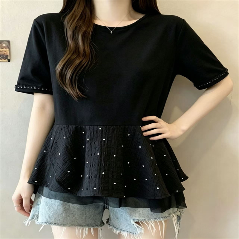 빅 사이즈 프릴 도트 무늬 인형 셔츠 표지 배 반팔 티셔츠 여성 여름 지방 mm 루즈핏 슬림해 보이는 다용도 맨위