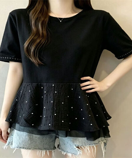 빅 사이즈 프릴 도트 무늬 인형 셔츠 표지 배 반팔 티셔츠 여성 여름 지방 mm 루즈핏 슬림해 보이는 다용도 맨위