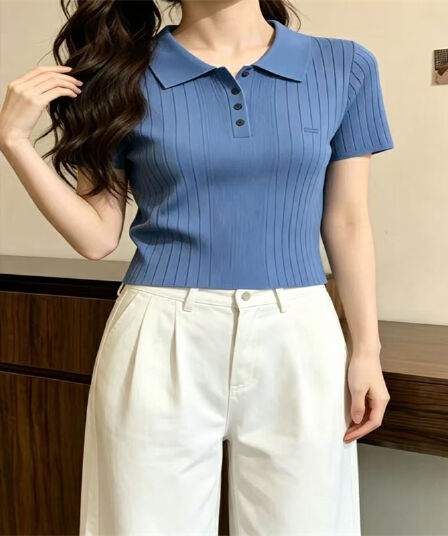 톰 글 래 원인 블루 POLO 칼라 얼음 실크 니트 반팔 티셔츠 여성 여름 한 부서 고유 한 아름다운 몸매 가꾸기 쇼트 스타일 맨위